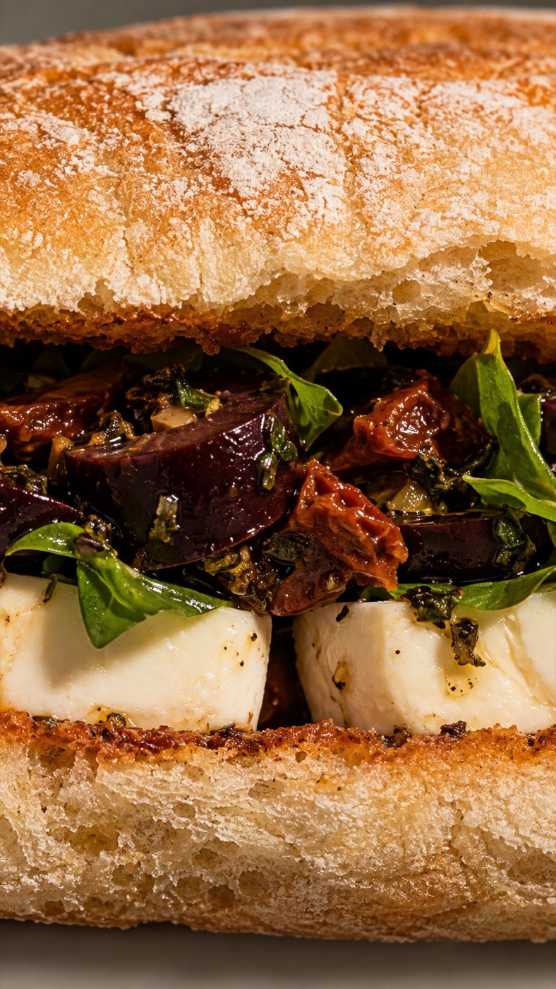 Halloumi pesto ciabatta close-up